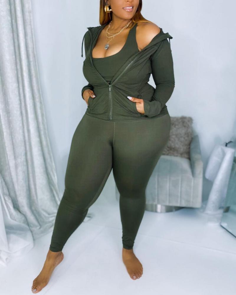 

Plus Size 3PCS Tank Top & Pants Set With Coat, Green