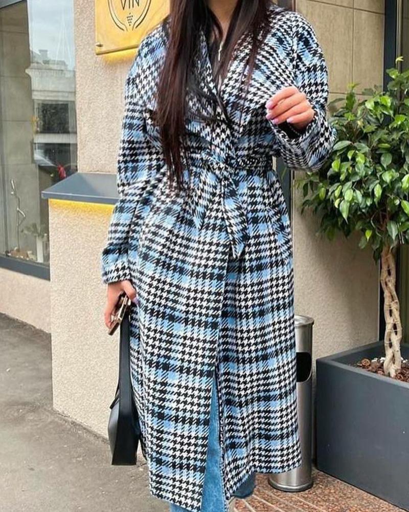 

Plaid Print Long Sleeve Belted Coat, Blue