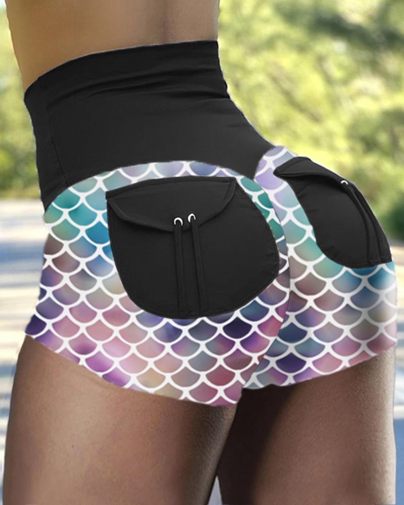 

Fishnet Pocket Design High Waist Seamless Floral Print Patchwork Butt Lifting Yoga Shorts, Black