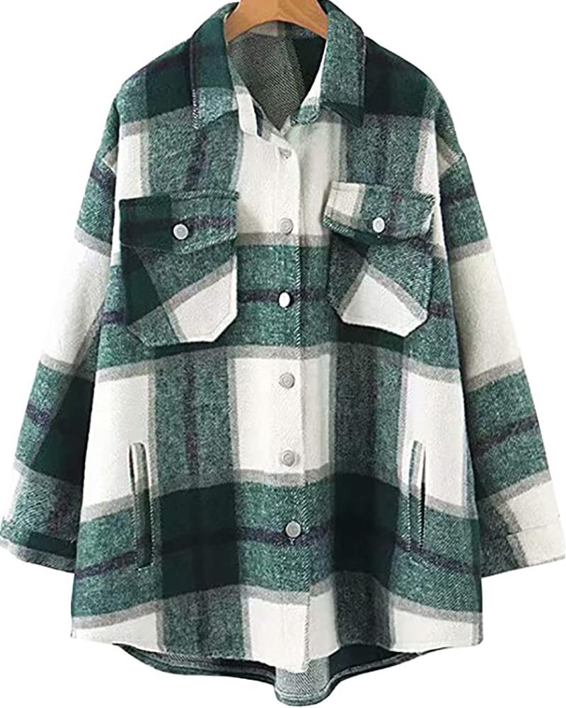 

Plaid Print Buttoned Pocket Design Shacket, Green