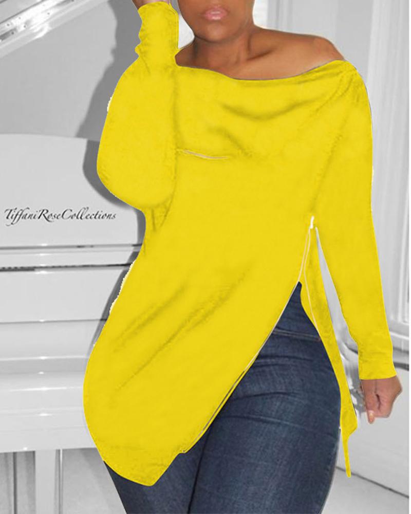 

Zipper Design Cold Shoulder Slit Sweatshirt, Yellow