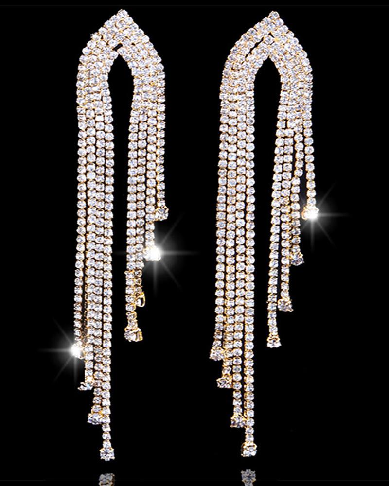 

1Pair Rhinestone Asymmetrical Tassel Design Drop Earrings, Gold