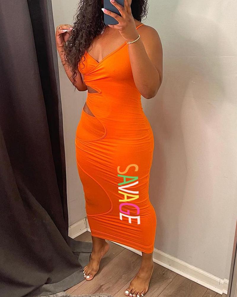 

V-Neck Letter Print Cutout Bodycon Dress, Orange