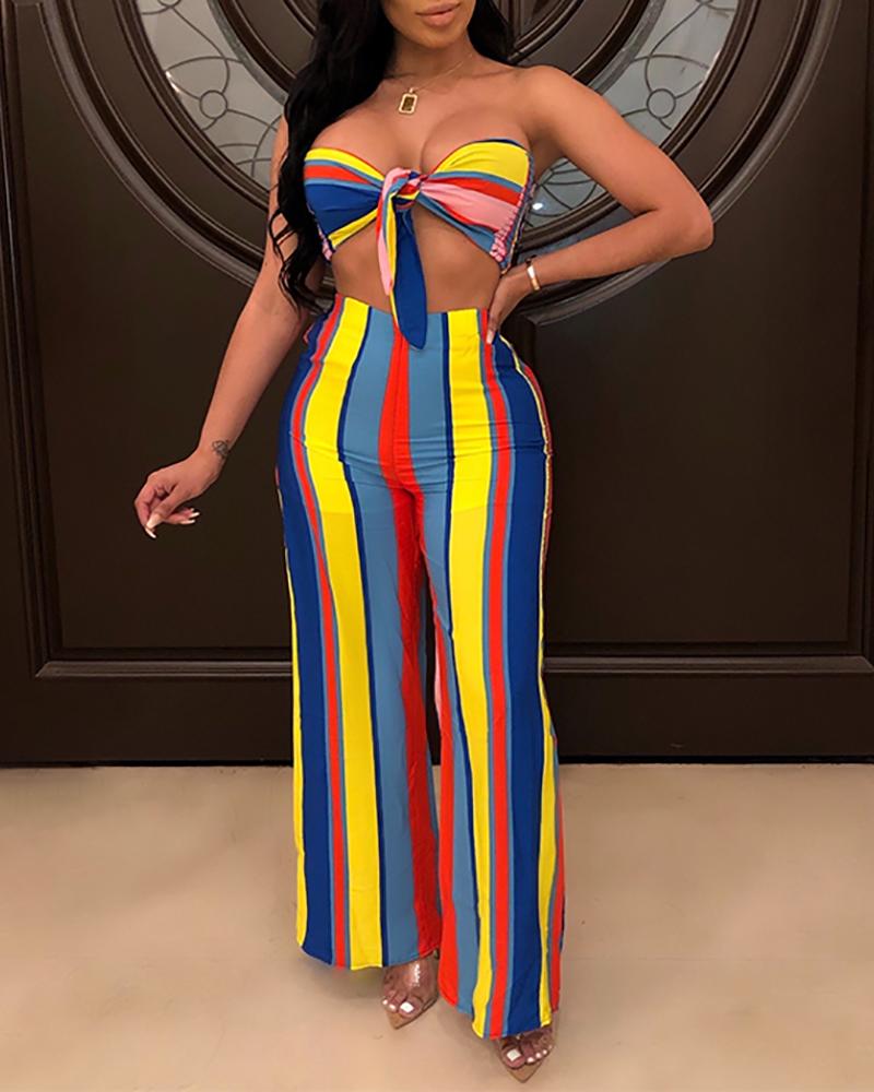 

Striped Print Knot Tops & Long Pant Sets, Multicolor