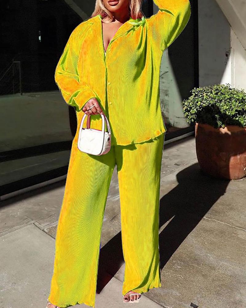 

Pastel Button Front Top & Wide Leg Pants, Yellow