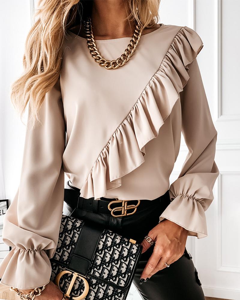 

Long Poet Sleeve Ruffles Loose Blouse, Khaki