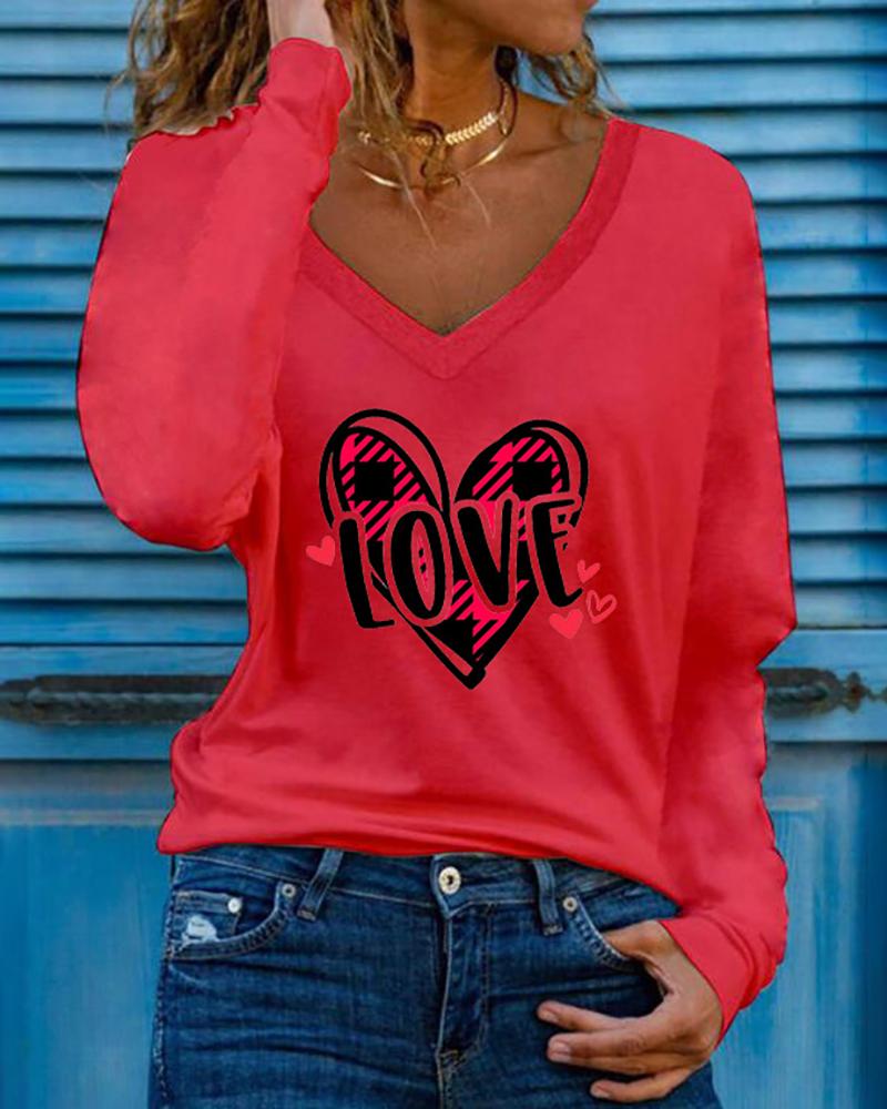 

Valentine' Day Heart Letter Print Long Sleeve Top, Red