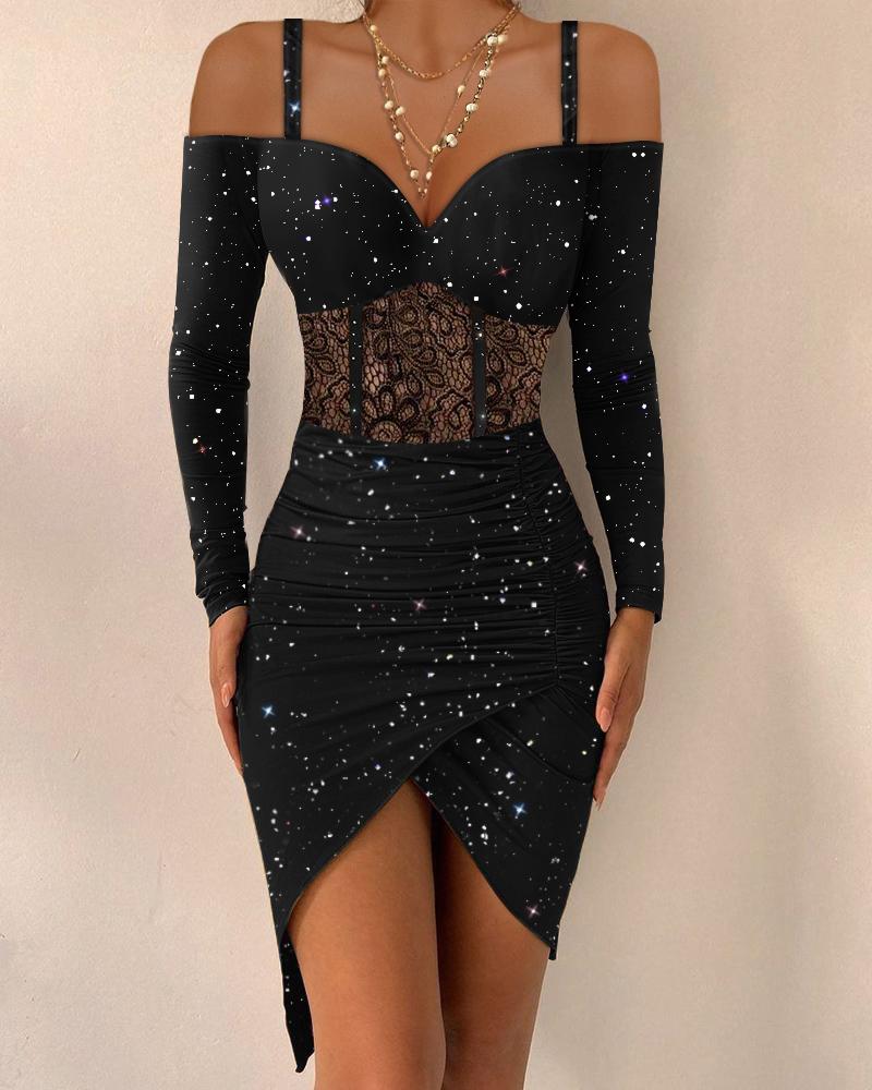 

Contrast Lace Cold Shoulder Ruched Glitter Corset Dress, Black