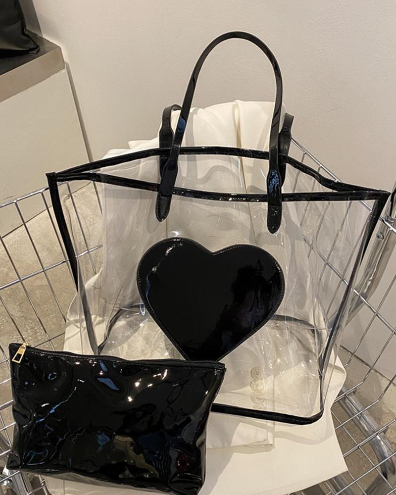 

Heart Pattern Large Capacity Tote Bag With Inner Pouch, Black