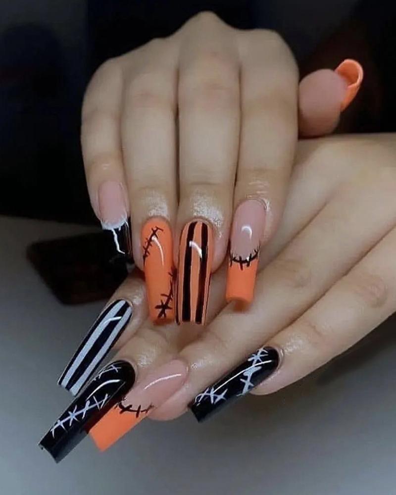 

Halloween 24pcs Patch Striped Glossy Full Cover Press On False Nails Set, Orange