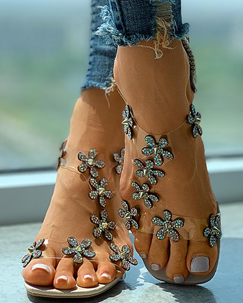 

Studded Floral Clear Perspex Chunky Heels, Gold
