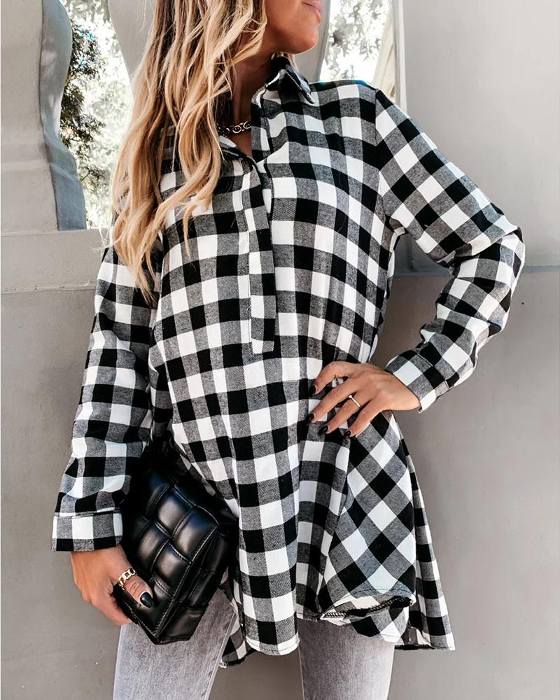 

Plaid Long Sleeve Dip Hem Shirt, Black