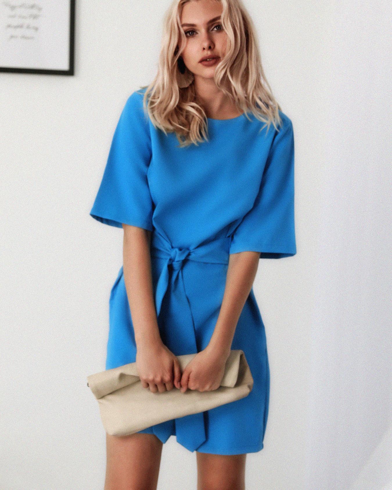 

Solid Short Sleeve Self-Belted Casual Women Dress, Blue