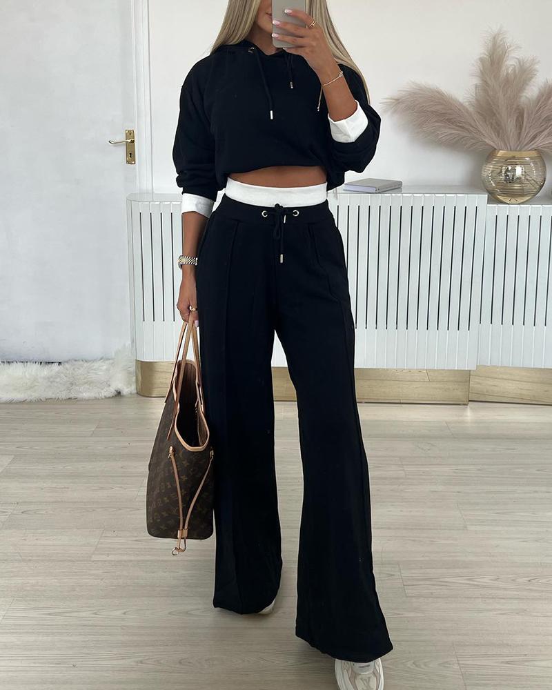 

Fake Two Piece Hoodie & Wide Leg Pant Set, Black