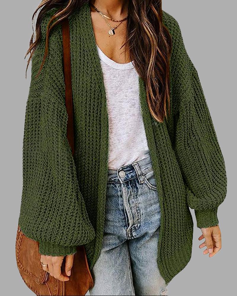 

Lantern Sleeve Open Front Chunky Knit Cardigan, Green