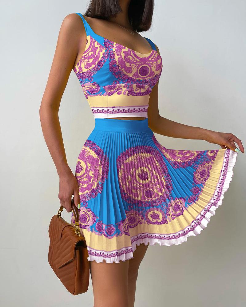 

Paisley Tank Top & Pleated Skirt Set, Blue