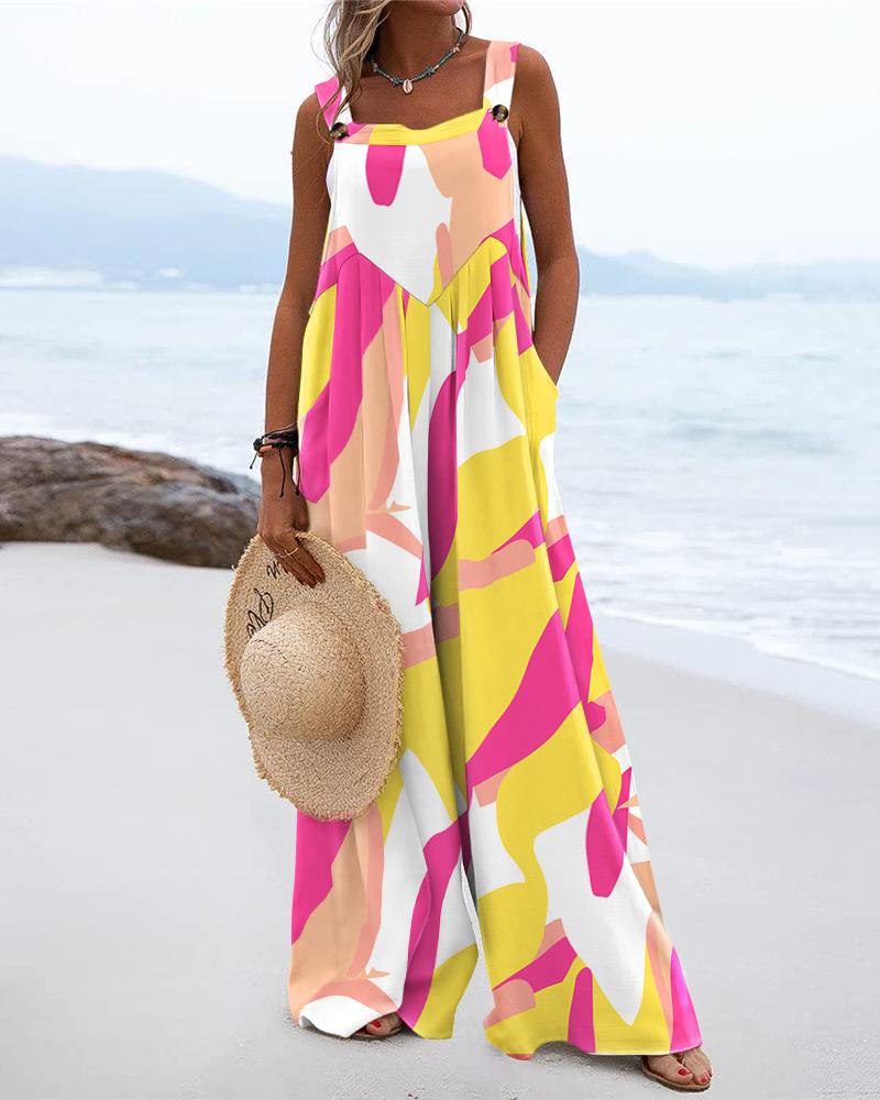 

Colorblock Wide Leg Suspender Jumpsuit, Rose red