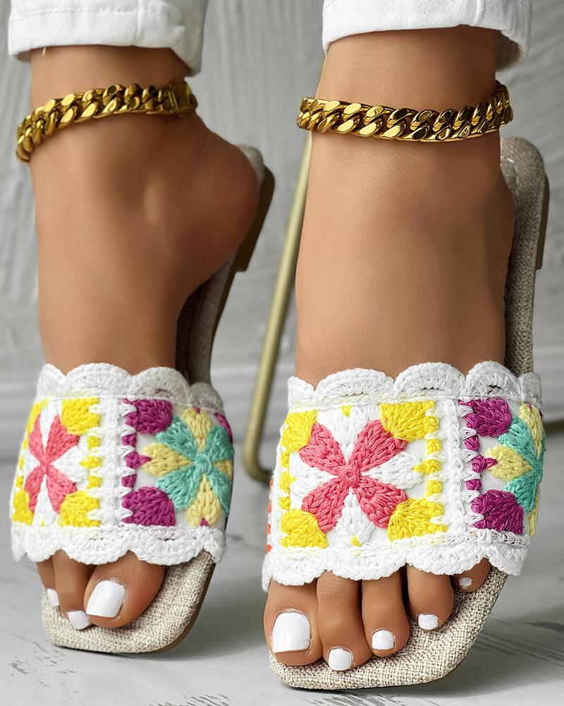 

Crochet Floral Pattern Square Toe Slippers, Multicolor