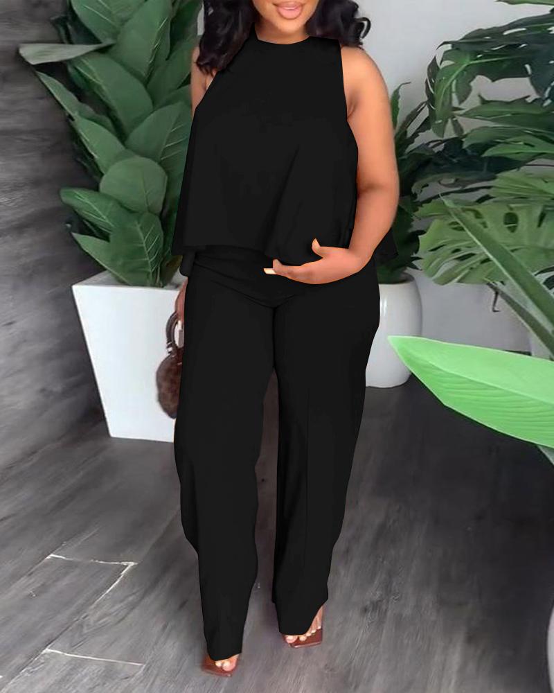 

O-Neck Flowy Tank Top & Pants Set, Black