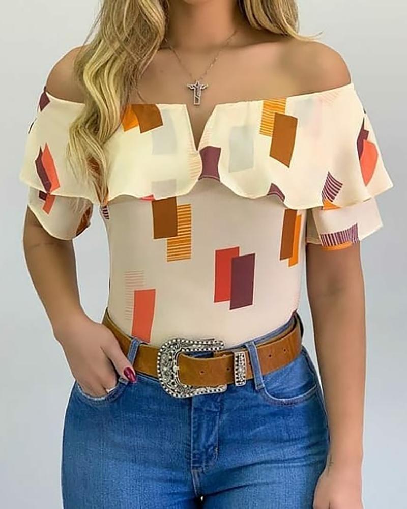 

Off Shoulder Colorblock Ruffles Trim Top, Beige