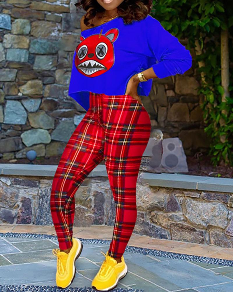 

Cartoon Print Long Sleeve Top & Plaid Pattern Pants Sets, Blue