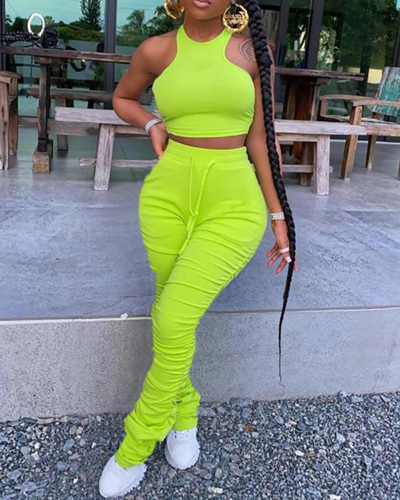 

Sleeveless Crop Top & Ruched Bootcut Pants Set, Green