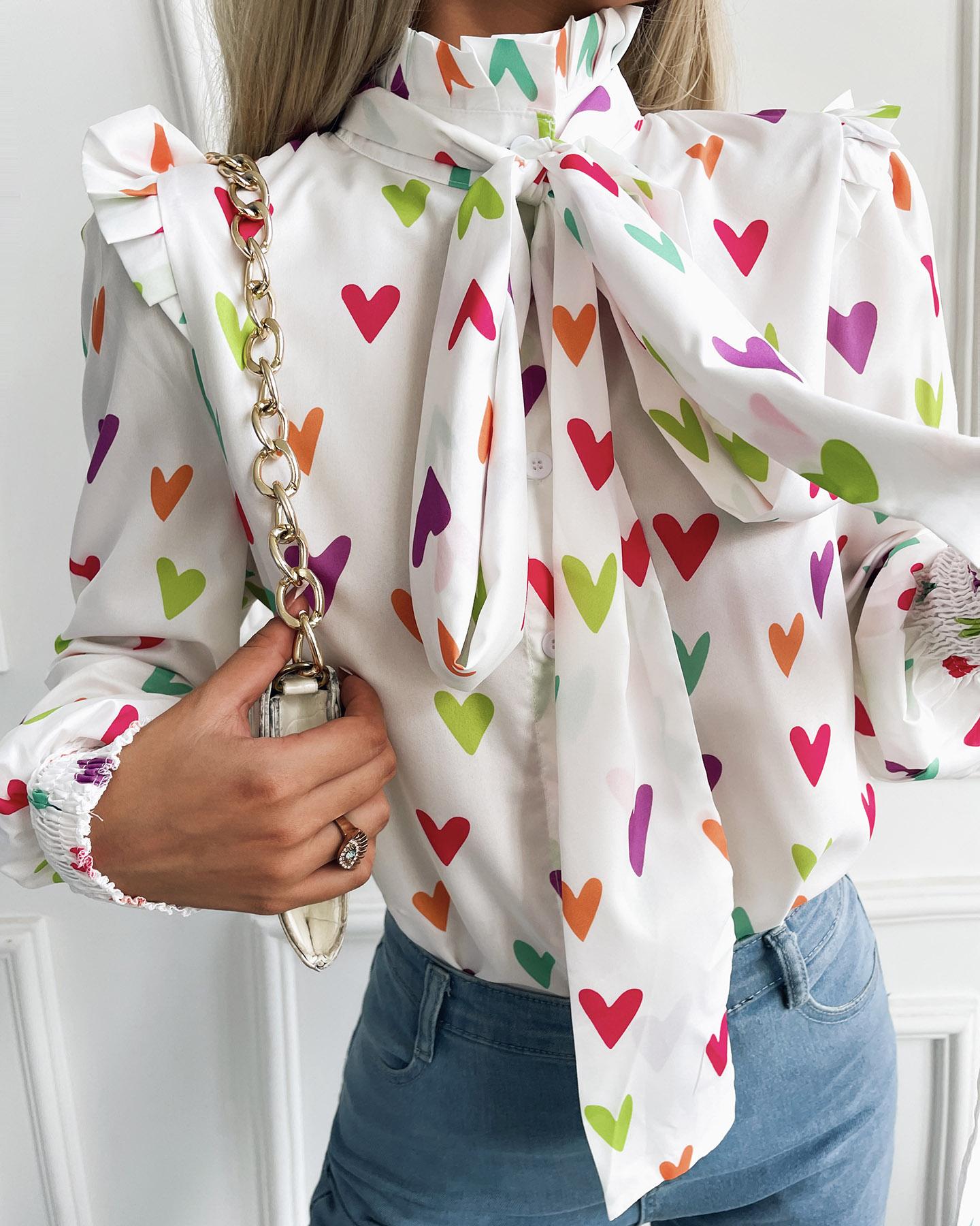 

Frill Hem Heart Print Shirring Detail Shirt, White