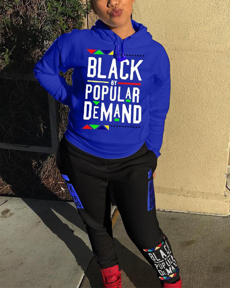 

Letter Print Long Sleeve Drawstring Hooded Sweatshirt & Pants Set, Blue