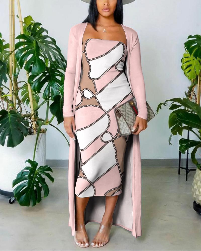 

Scarf Print Tube Bodycon Dress With Longline Coat, Pink