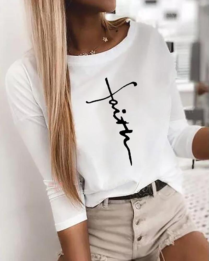 

Letter Print Round Neck Long Sleeve T-shirt, White