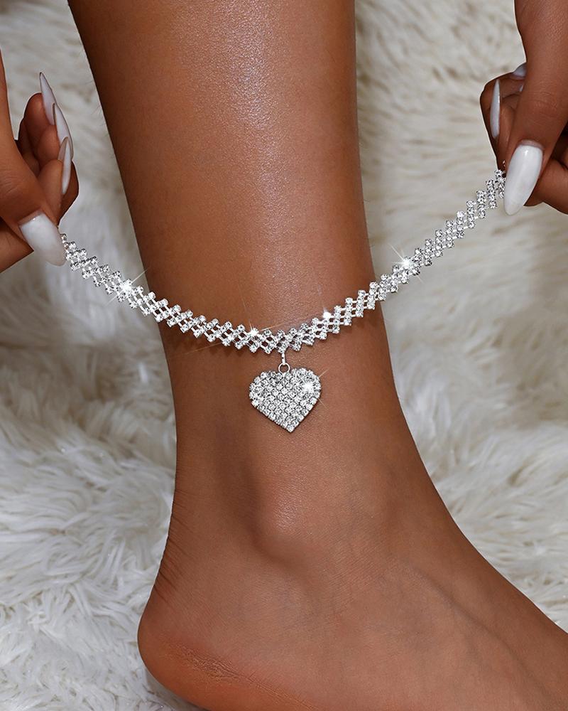 

Rhinestone Heart Anklet Adjustable Diamond Pendant Tennis Ankle Bracelets, Silver