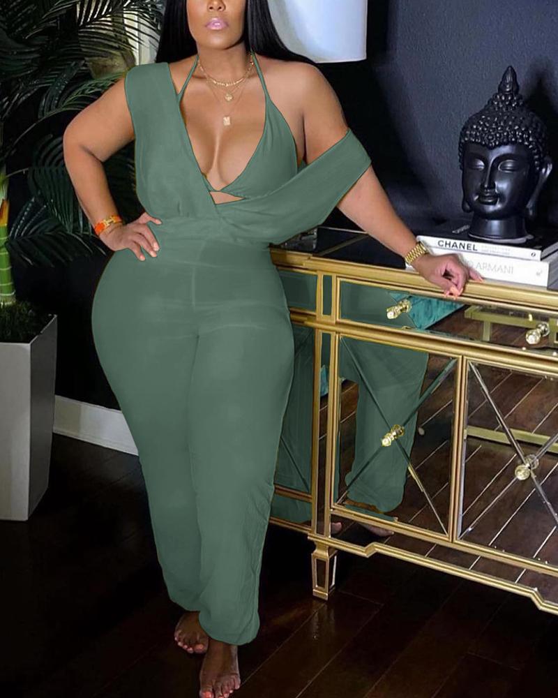 

Plunge Sleeveless Cuffed Jumpsuit With Bralette, Army green