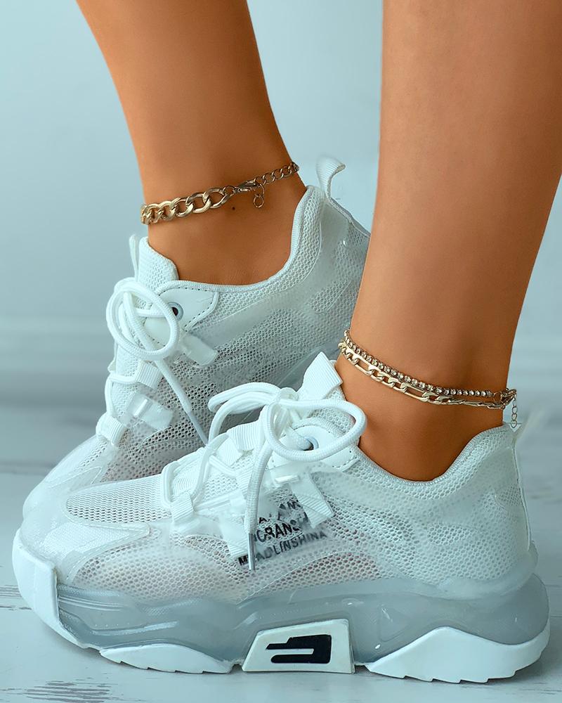 

Letter Print Lace-up Breathable Muffin Sneakers, White