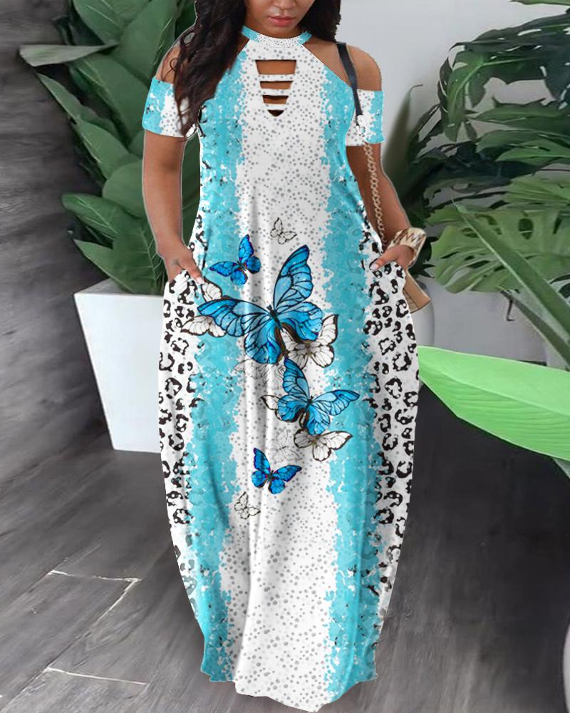 

Plus Size Butterfly Contrast Leopard Print Maxi Dress, Sky blue