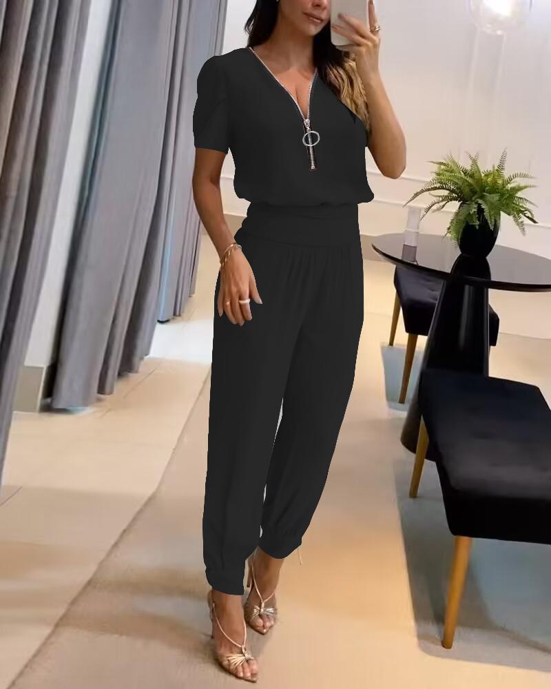 

Puff Sleeve Top & High Waist Cuffed Pants Set, Black