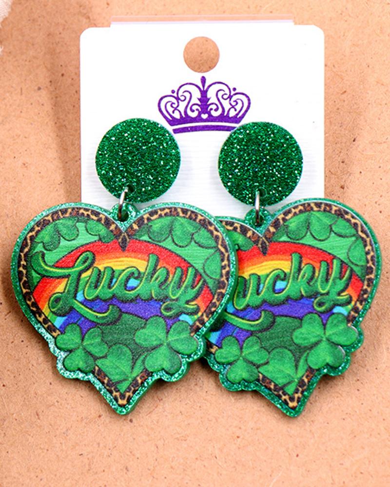 

1Pair St. Patrick's Day Lucky Clover Heart-shaped Drop Earrings, Green