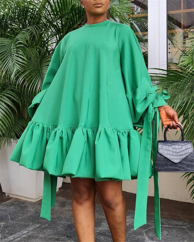 

Plus Size Lantern Sleeve Ruffle Hem Tied Detail Swing Dress, Green