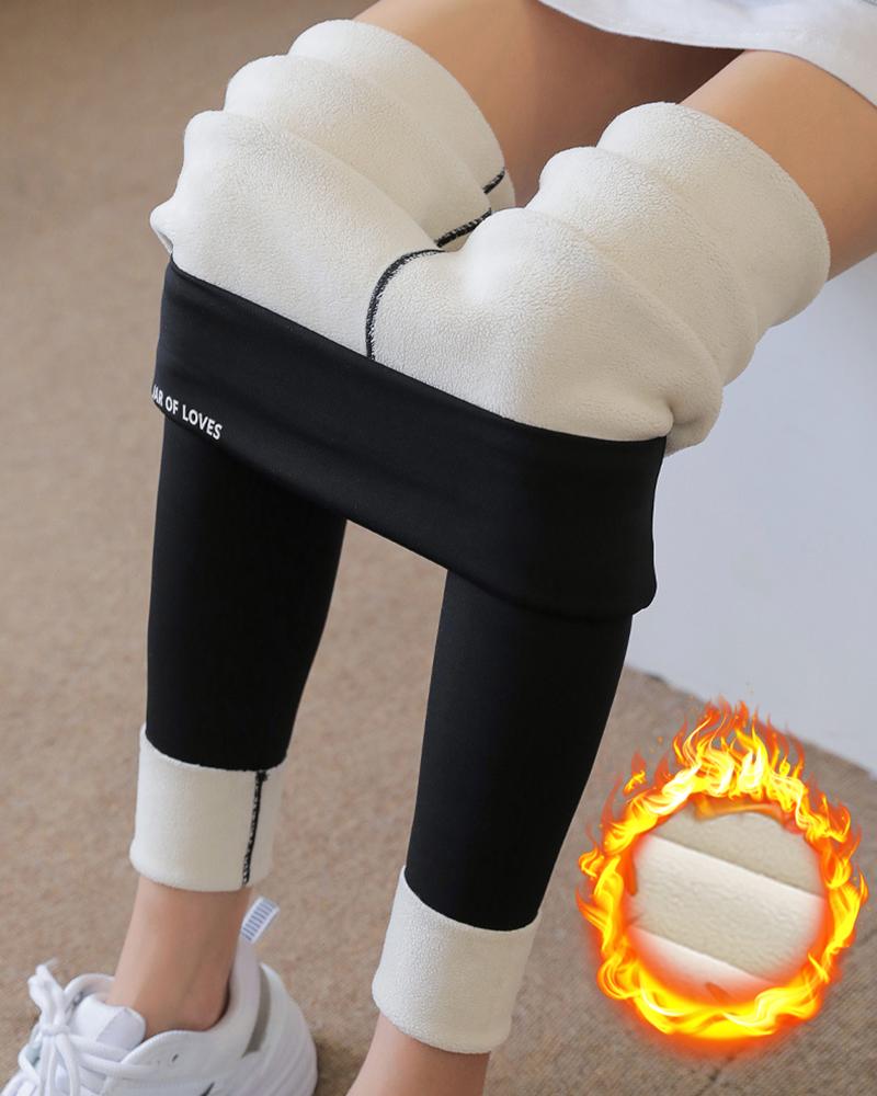 

Fleece Lined Thermal Warm High Waist Letter Embroidery Leggings, Black