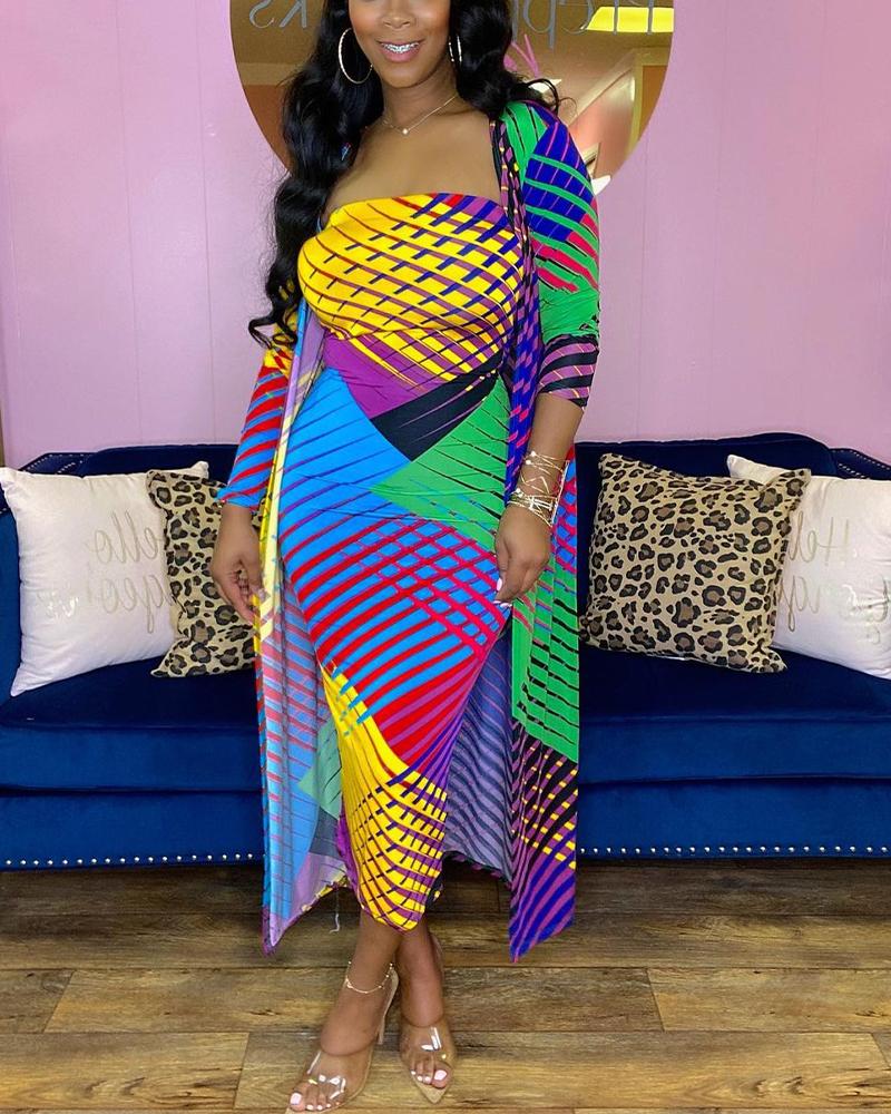 

Abstract Print Tube Dress With Longline Coat, Multicolor