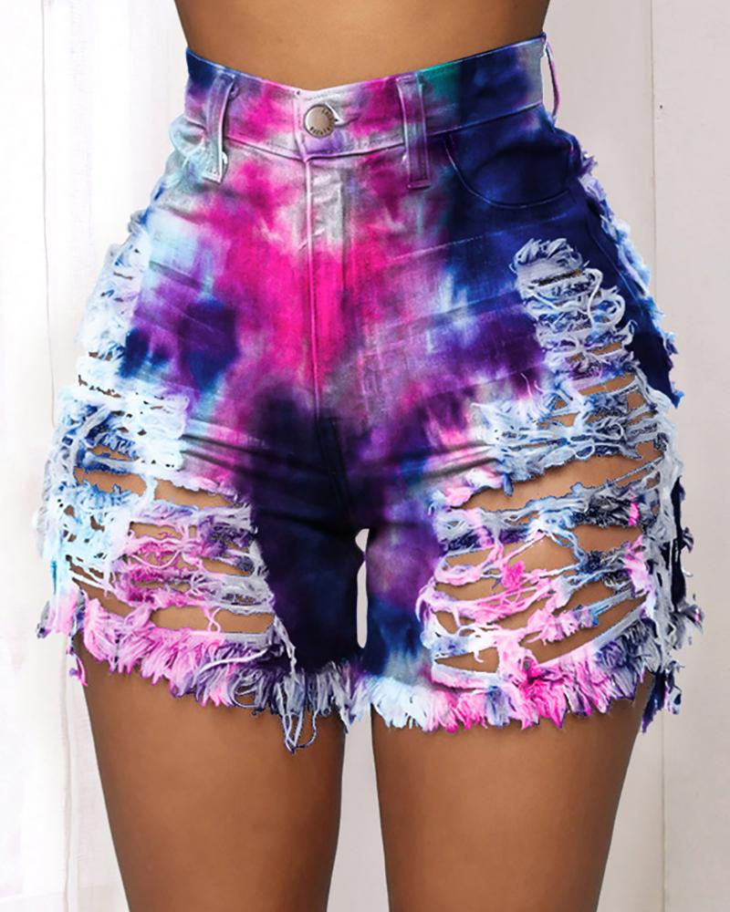 

Tie Dye Print Distressed Cutout Fringe Hem Denim Jean Shorts, Purple