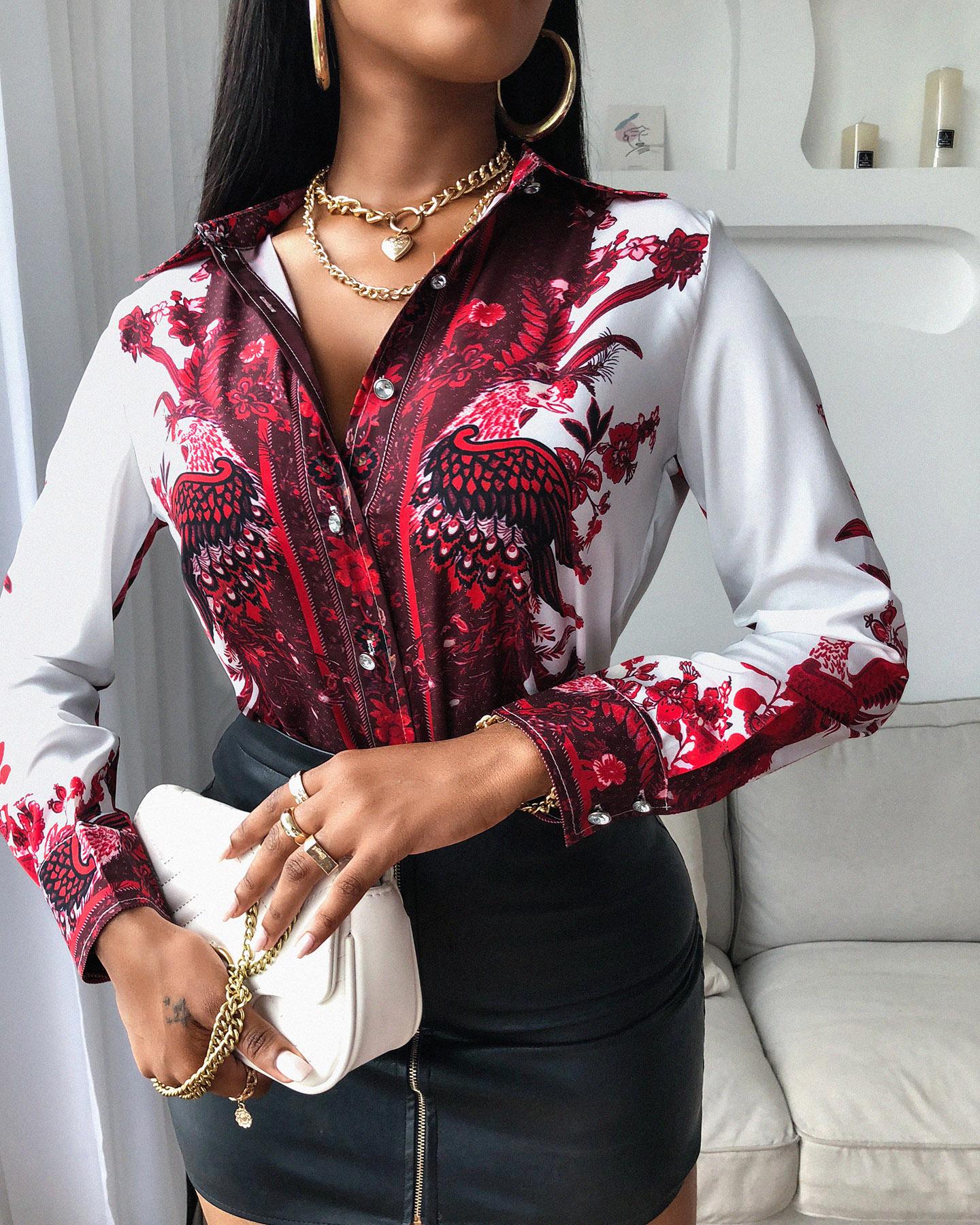 

Phoenix Print Colorblock Long Sleeve Shirt, Red