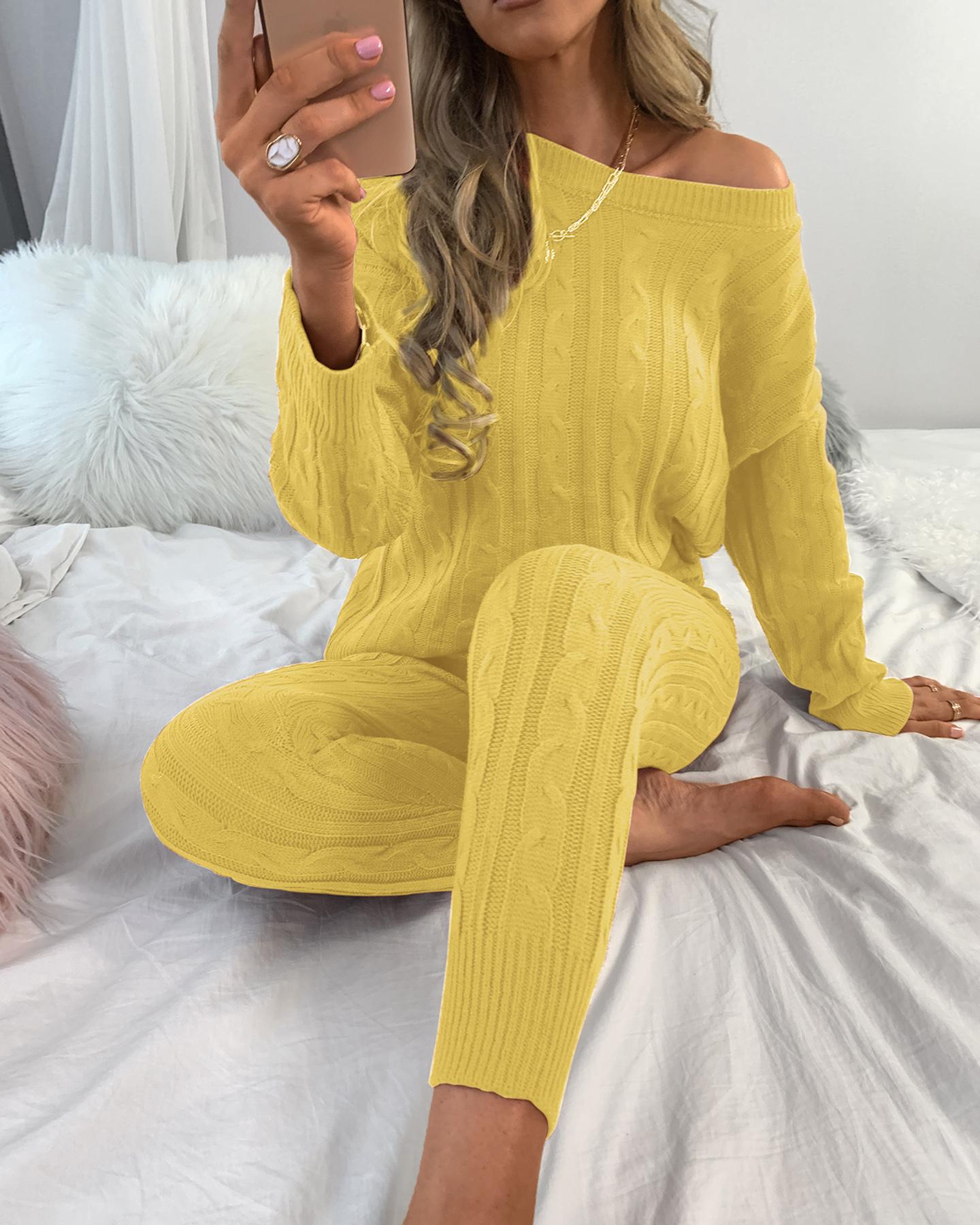 

Solid Ribbed Knitting Casual Sweater & Pants Sets, Yellow