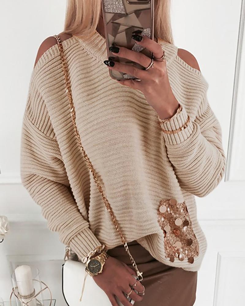 

Cold Shoulder Batwing Sleeve Ribbed Sequins Insert Sweater, Khaki