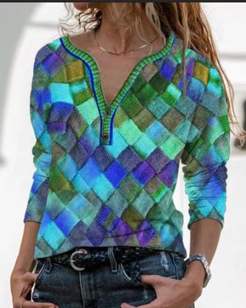 

Multicolor Diamond Print Long Sleeve Blouse, Blue