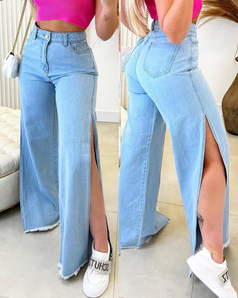 

Zip Fly Raw Hem High Slit Jeans, Blue