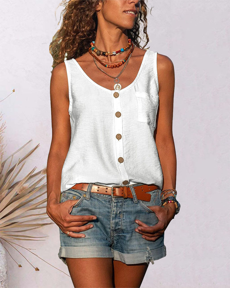 

Pocket Button Decor Casual Tank Top, White