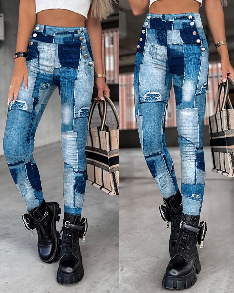 

Denim Look Print High Waist Skinny Pants, Blue