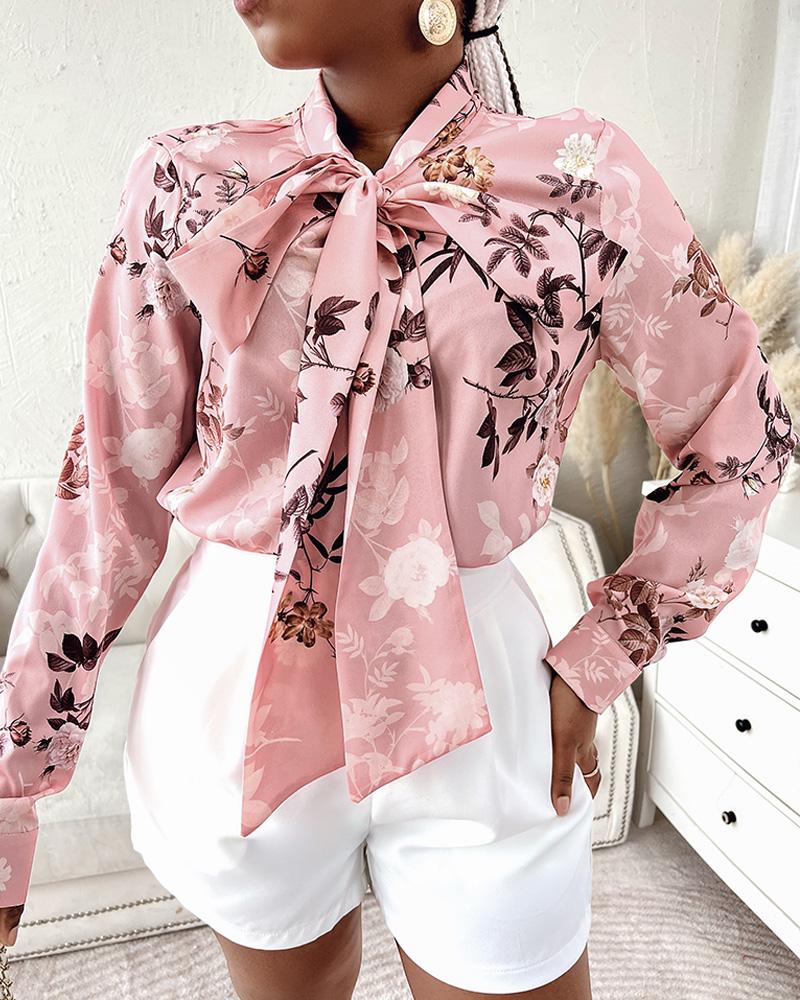 

Floral Print Tie Neck Long Sleeve Top, Multicolor