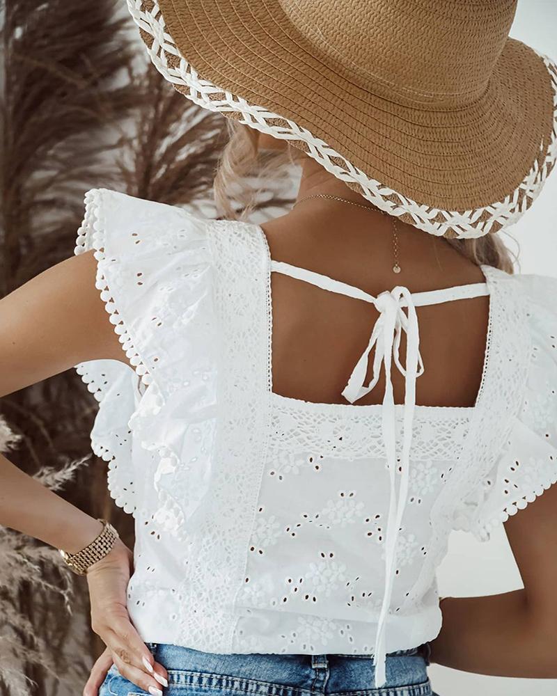 

Eyelet Embroidery Ruffle Sleeve Tied Detail Top, White