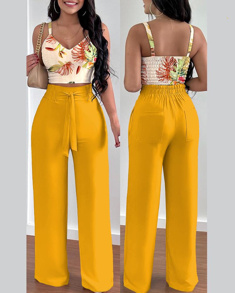 

Tropical Print Shirred Crop Top & High Waist Pants Set, Yellow